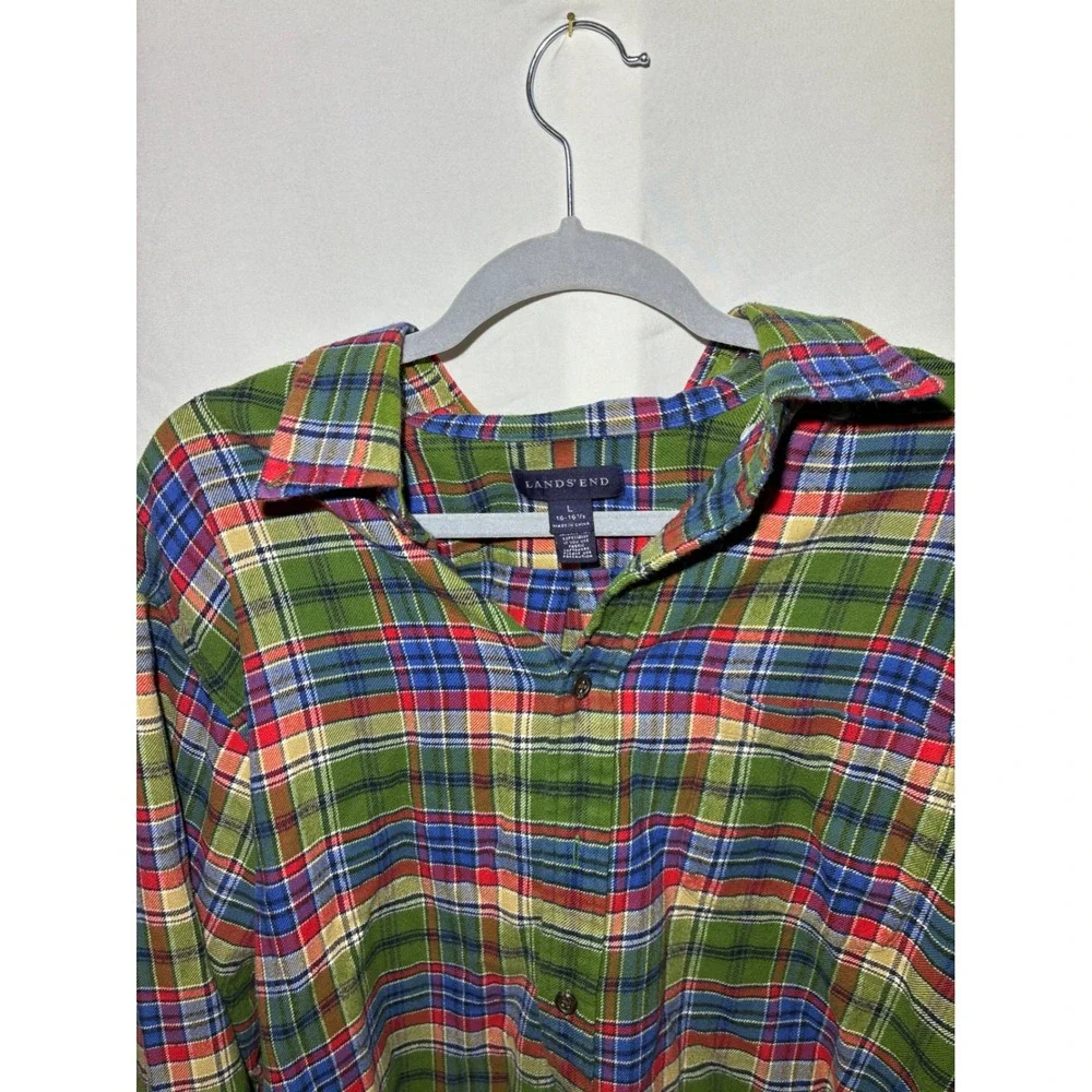 Lands End Mens Flannel Shirt Large Green Blue Red Plaid Button Down 381718 - Picture 2 of 6